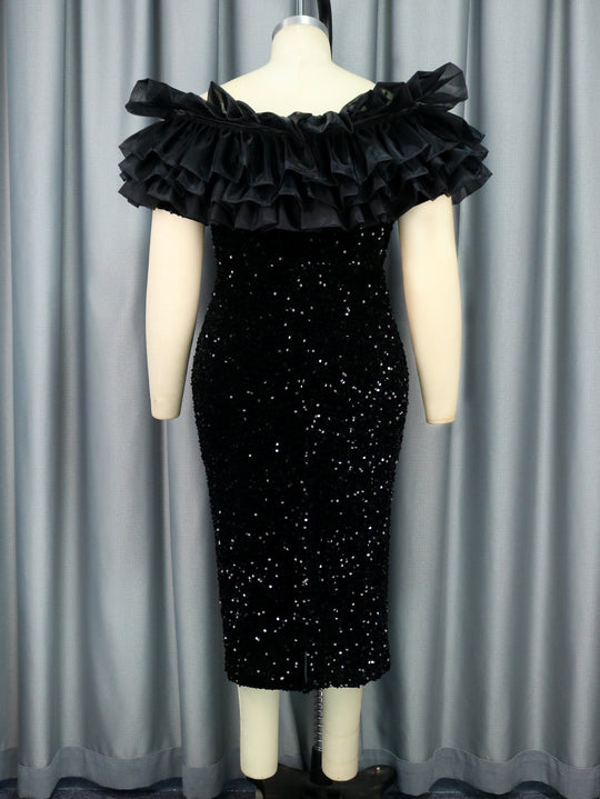 Damen Elegantes Abendkleid mit voluminösen Rüschen und funkelnden Pailletten EB