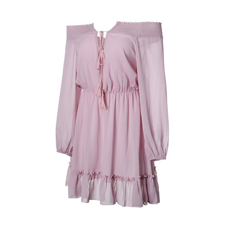 Damen Off-Shoulder Kleid mit Rüschendetails und elastischem Taillenzug EB