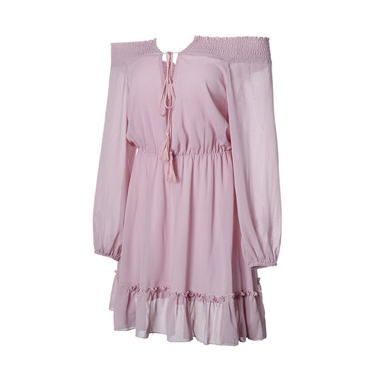 Damen Off-Shoulder Kleid mit Rüschendetails und elastischem Taillenzug EB
