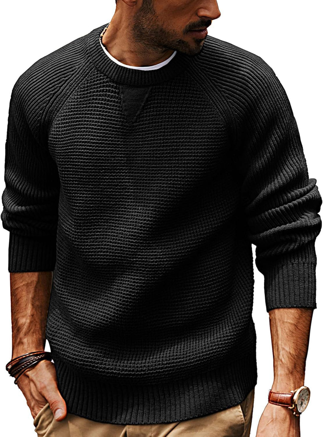 Herren lässiger Strickpullover mit strukturiertem Gewebemuster und Rundhalsausschnitt EB