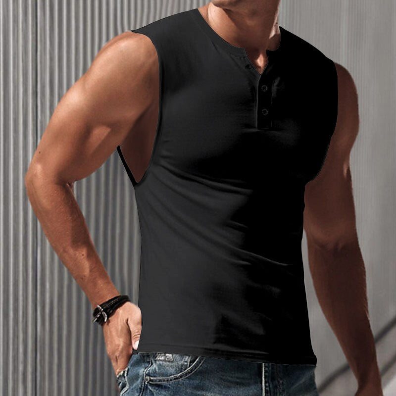 Herren nan ärmelloses Muskelshirt mit Henley-Knopfleiste, tiefem Armausschnitt und elastischem Baumwollmix EB