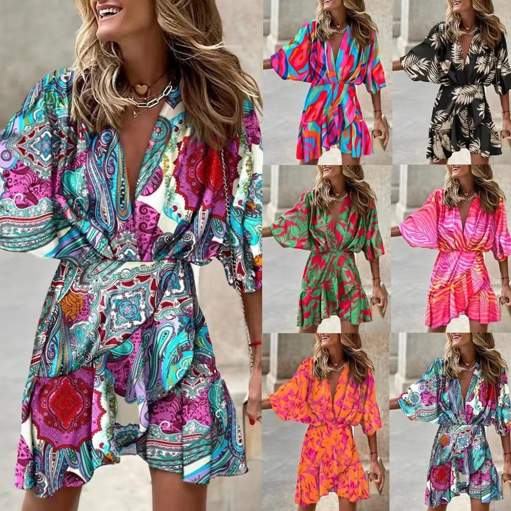 Damen Wickelmini-Kleid mit voluminösen Ärmeln und modischem Animal-Print EB