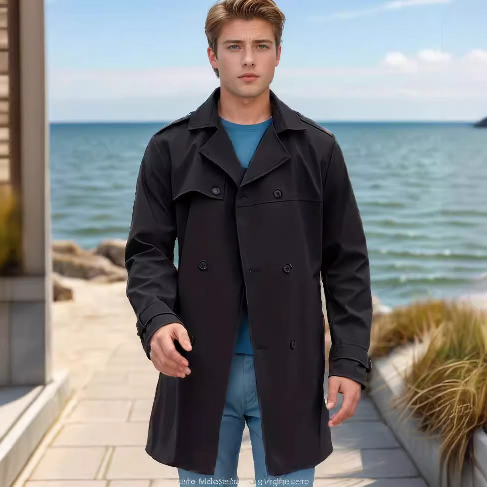 Herren nan urbaner Regenmantel im Trench-Stil mit doppellagiger Sturmklappe und verstellbaren Manschetten EB