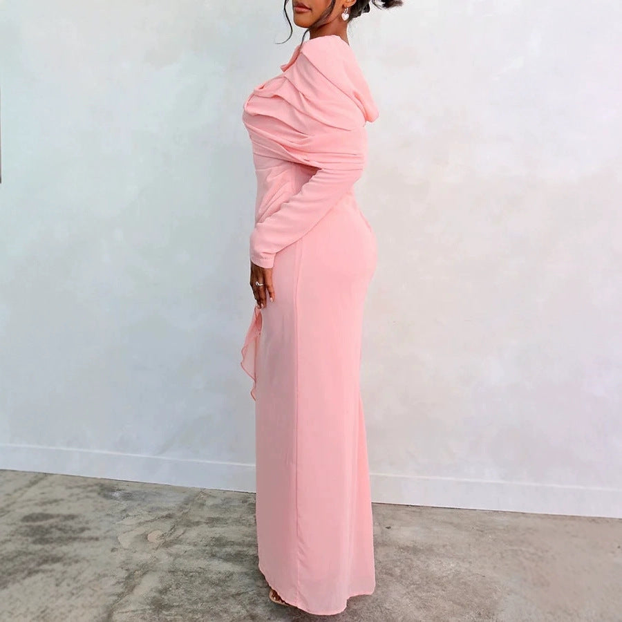 Damen Glamouröses Langarmkleid mit drapiertem Oberteil und fließendem Schnitt EB