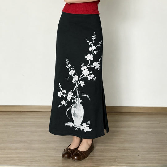 Damen nan ausgestellter Maxi-Rock mit A-Linien-Schnitt, elastischem Bund und floraler Aquarell-Vasen-Print EB