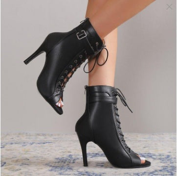 Damen Schnürstiefeletten mit offener Zehenpartie und hohem Absatz EB