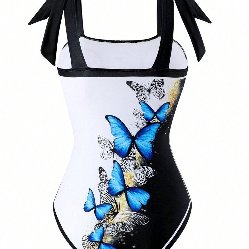Damen Einteiler Badeanzug mit schickem Wickelrock und Butterfly-Motiv EB