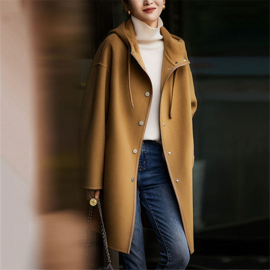 Damen nan midilanger Wollmixmantel mit Kapuze und Druckknopfleiste im Oversize-Schnitt EB