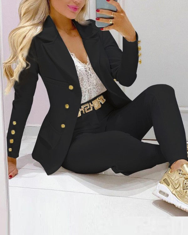 Damen Taillierter Zweiteiler Blazer mit Goldknöpfen und Slim-Fit Hose EB