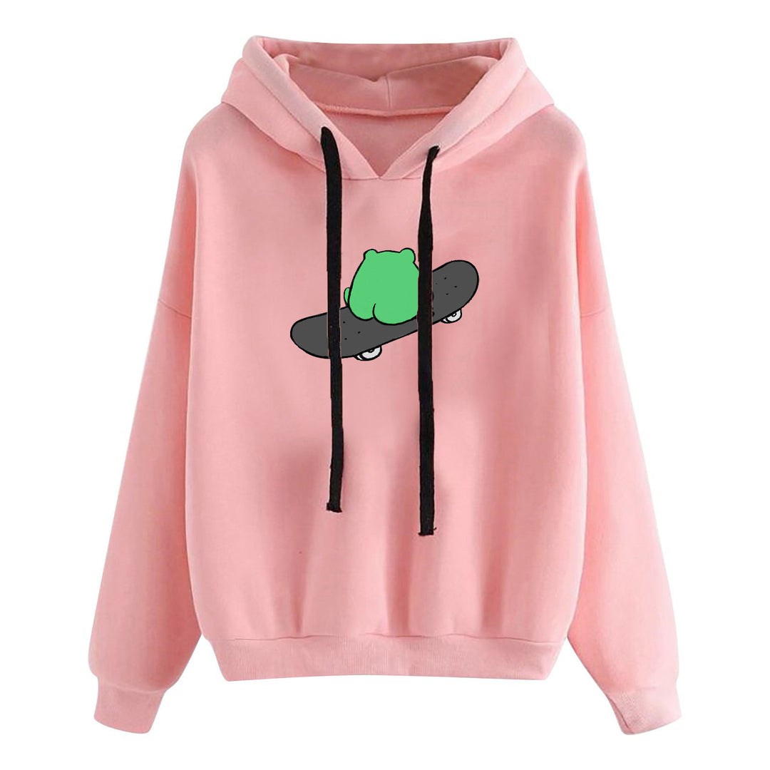 Damen nan kurz geschnittener Cropped-Kapuzenpullover mit niedlicher Frosch-Illustration und verstellbarer Kapuze EB