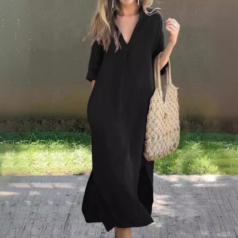 Damen Lässiges Maxikleid mit V-Ausschnitt und praktischen Seitenschlitzen EB