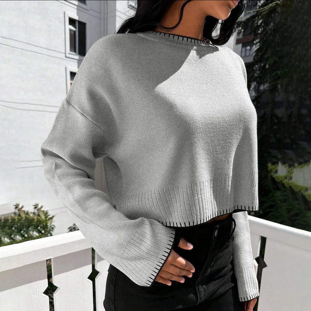 Damen lässiger Cropped Pullover mit feiner Rippstruktur und elastischem Bund EB