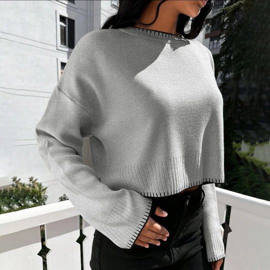 Damen lässiger Cropped Pullover mit feiner Rippstruktur und elastischem Bund EB