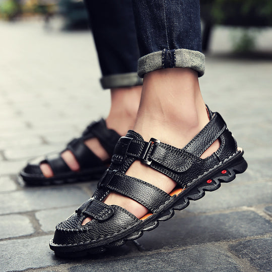 Herren Bequeme Ledersandalen mit verstellbarem Riemen und rutschfester Sohle EB