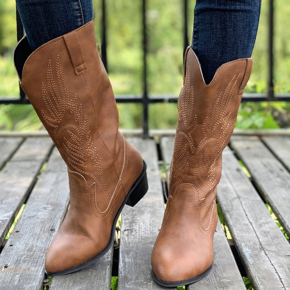 Damen Cowboy-Stiefel mit hohem Absatz und kunstvollen Stickereien EB