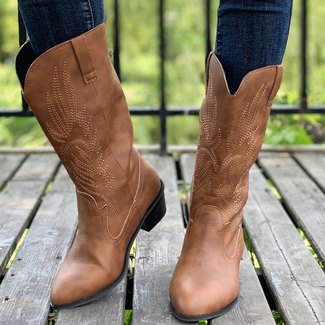 Damen Cowboy-Stiefel mit hohem Absatz und kunstvollen Stickereien EB