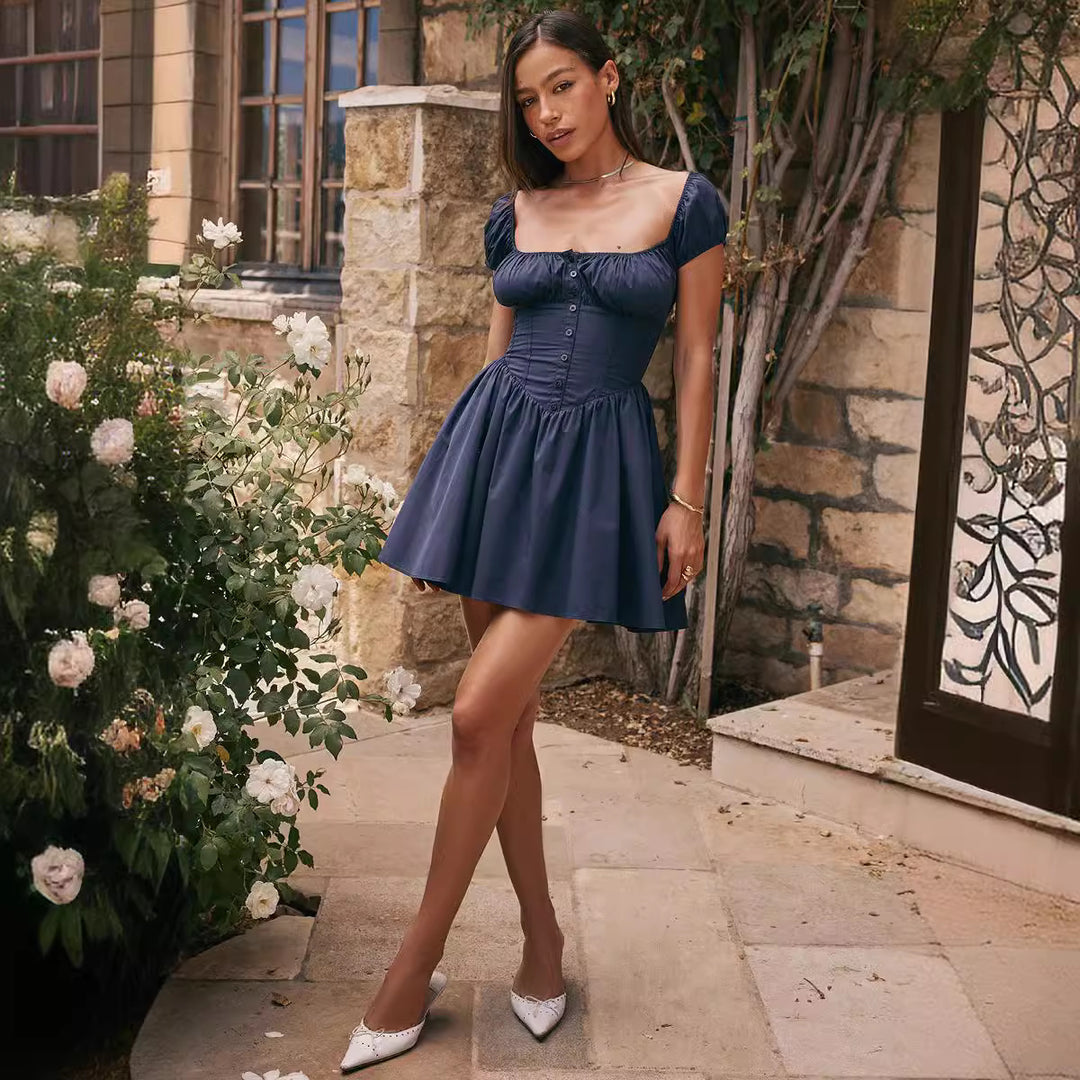 Damen kurzes Liebeserkundendes Kleid mit Puffärmeln und Knopfleiste EB