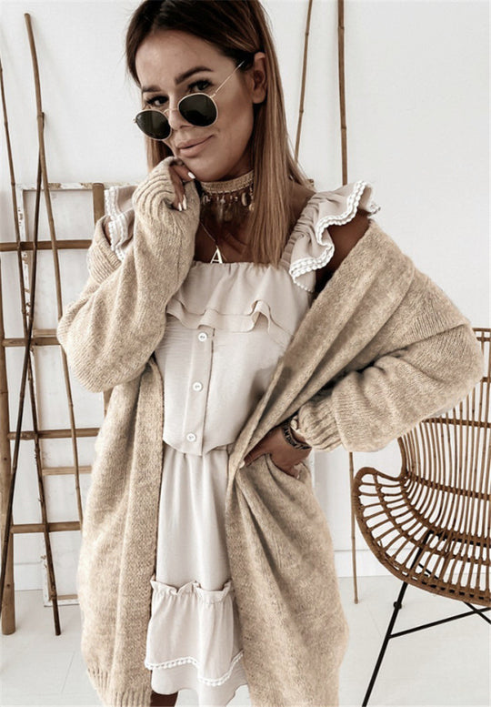 Damen Oversized Strickmantel mit lässigem V-Ausschnitt und luftiger Maschenstruktur EB
