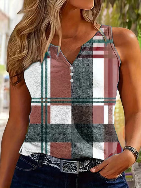 Damen ärmelloses V-Neck Top mit dekorativem Knopfdetail und modernem Karomuster EB
