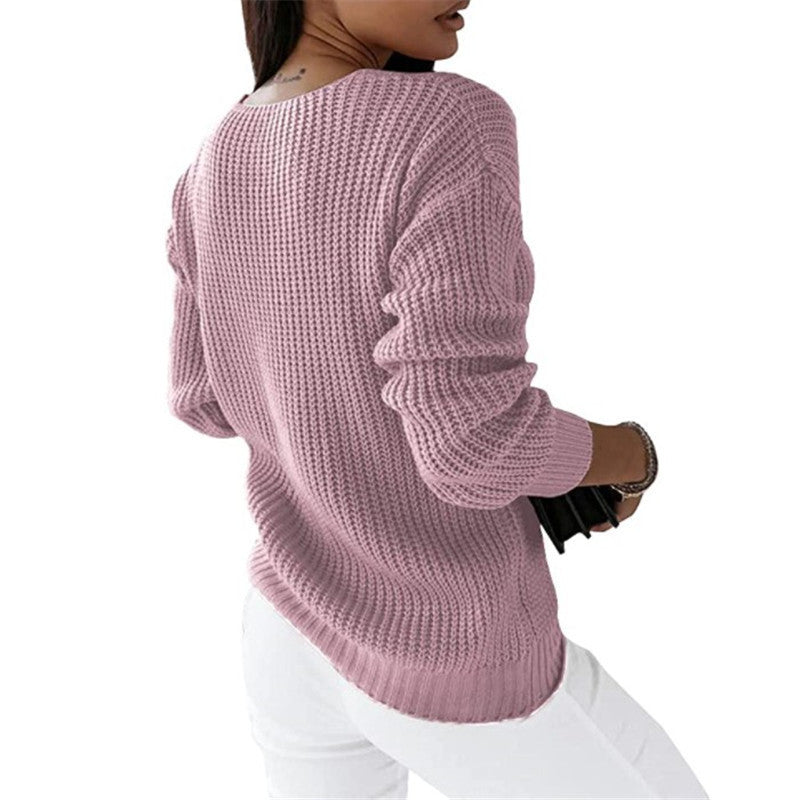 Damen nan grob gestrickter V-Ausschnitt Pullover mit Zopfmuster und lockerer Silhouette EB