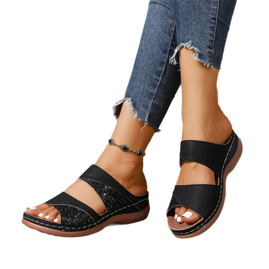 Damen Sandalen mit schimmernden Glitzer-Akzenten und komfortablem Fußbett EB