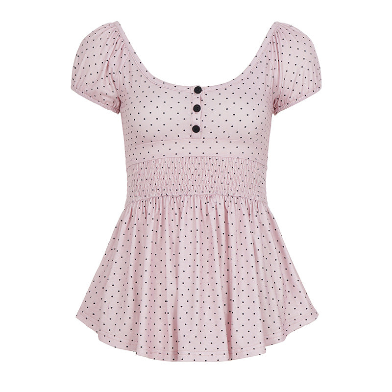 Damen Verspieltes Polka Dots Oberteil mit Rüschen und Knopfleiste EB
