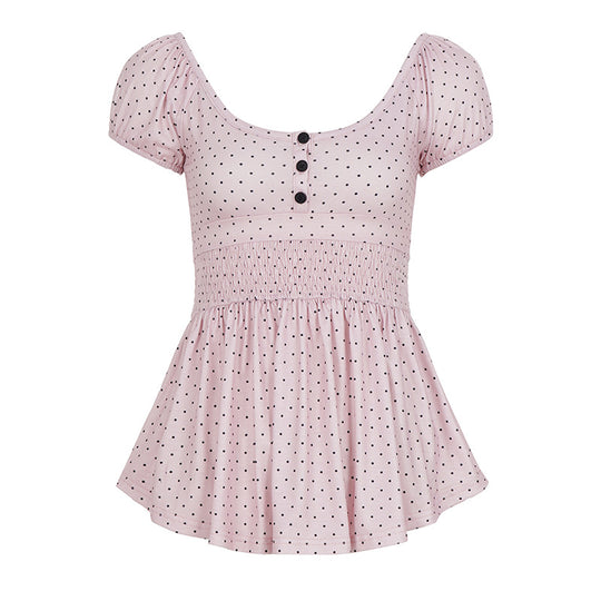 Damen Verspieltes Polka Dots Oberteil mit Rüschen und Knopfleiste EB