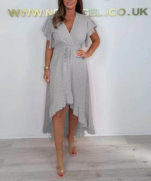 Damen Wickelkleid mit voluminösen Rüschensäumen und tailliertem Schnitt EB