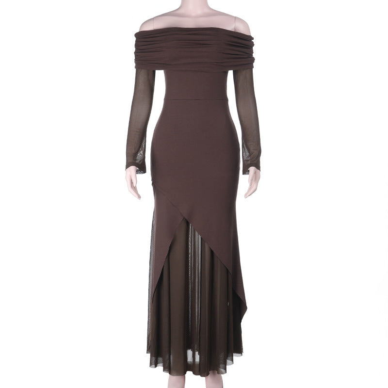 Damen elegantes schulterfreies Maxikleid mit raffiniertem Rüschenoberteil und asymmetrischem Saum EB