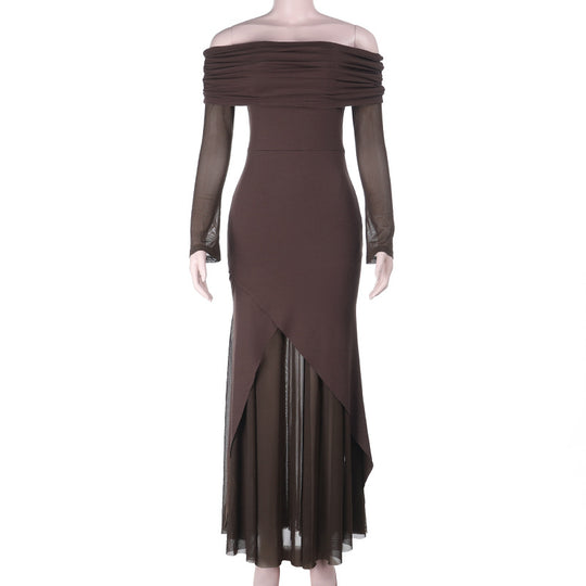 Damen elegantes schulterfreies Maxikleid mit raffiniertem Rüschenoberteil und asymmetrischem Saum EB