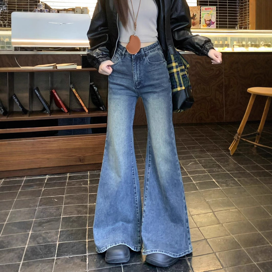 Damen weit geschnittene Flared-Jeans mit hohem Bund und modischem Design EB