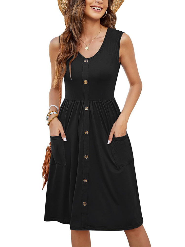 Damen Knielanges Sommerkleid mit Knopfdetails und praktischen Taschen EB