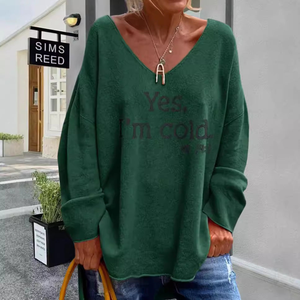 Damen Oversized Pullover mit modernem V-Ausschnitt und aufgedrucktem Statement EB