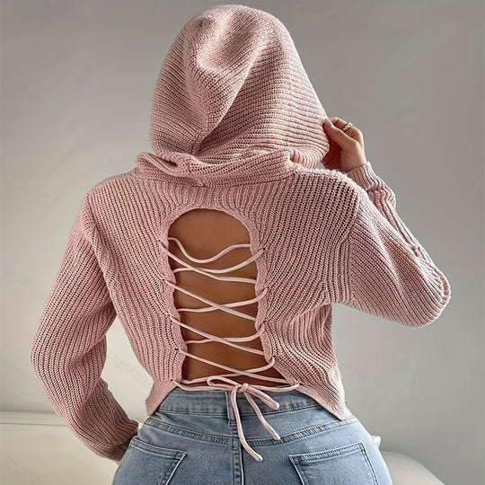 Damen lässiger Kapuzenpullover mit strukturiertem Strickmuster EB
