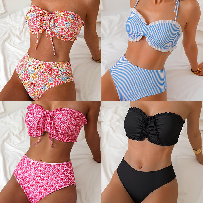Damen Bandeau-Bikini mit voluminösen Rüschendetails und hohem Bund EB