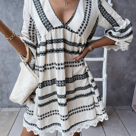 Damen Bohemian-Stil Schlagärmel Mini Kleid EB