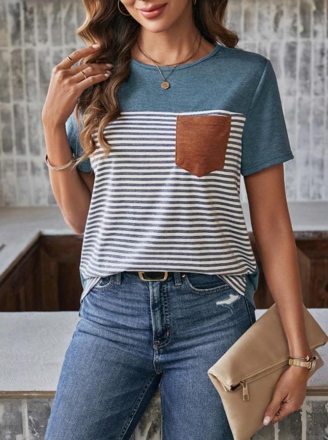 Damen Trendiges T-Shirt mit gestreiftem Design und Leder-Tasche EB