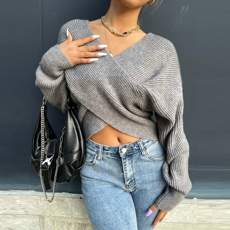 Damen cropped Wickelpullover aus strukturiertem Material EB