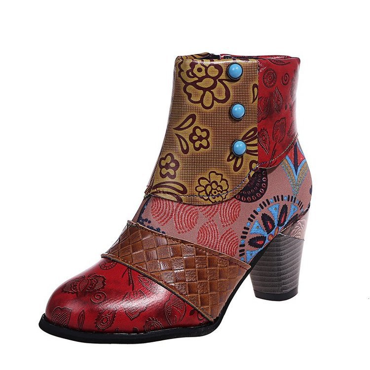 Damen Elegante Stiefeletten mit floralen Mustern und dekorativen Knöpfen EB