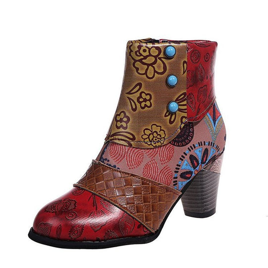 Damen Elegante Stiefeletten mit floralen Mustern und dekorativen Knöpfen EB