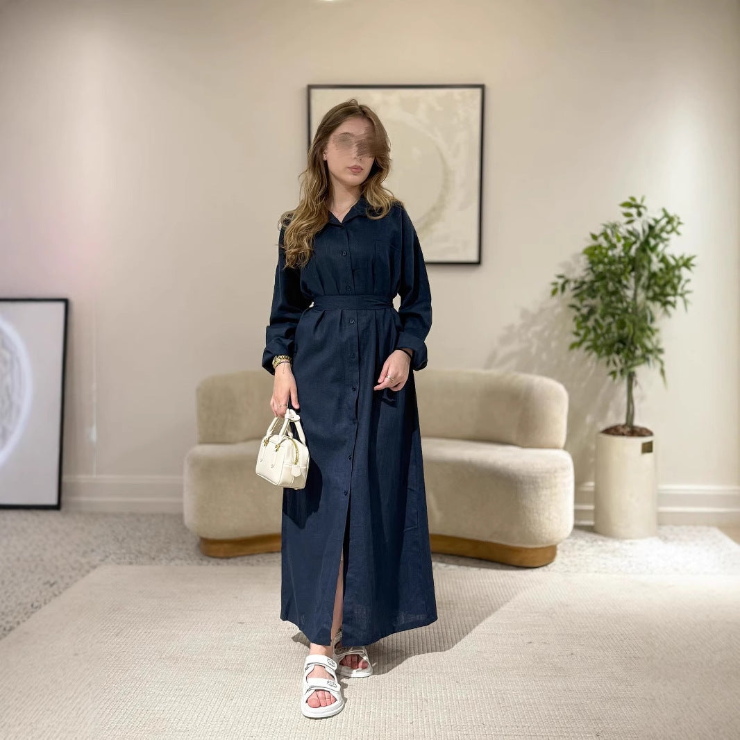 Damen Langarmhemdkleid mit Taillengürtel und Knopfleiste EB