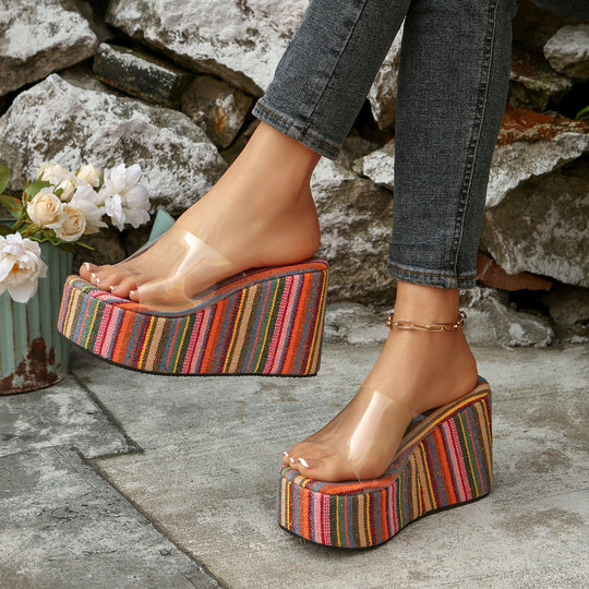 Damen Plattform-Sandalen mit transparenter Riemen und buntem Streifendesign EB