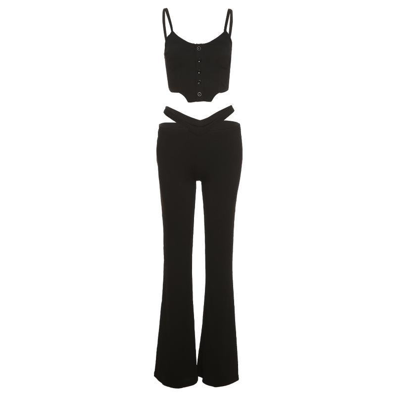 Damen Trendiges Set aus Crop-Top mit Knopfdetails und Flared-Hosen EB