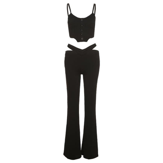 Damen Trendiges Set aus Crop-Top mit Knopfdetails und Flared-Hosen EB