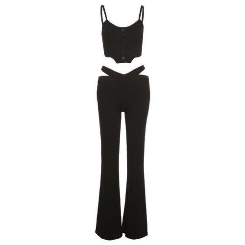Damen Trendiges Set aus Crop-Top mit Knopfdetails und Flared-Hosen EB