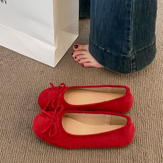 Damen Ballerina-Slipper mit quadratischer Zehenbox, weichem Komfortfußbett und Zierschleife EB