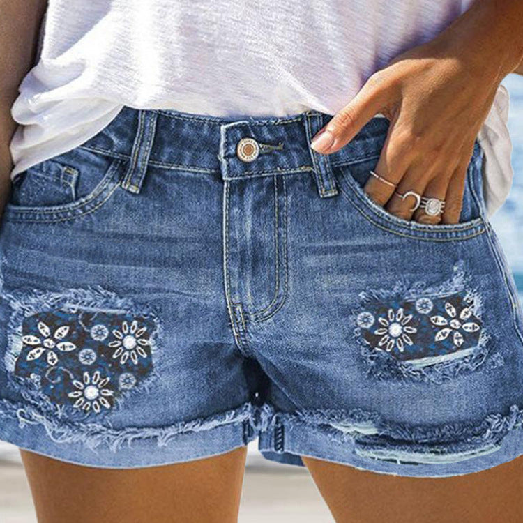 Damen Modische Destroyed Denim-Shorts mit floralem Design EB