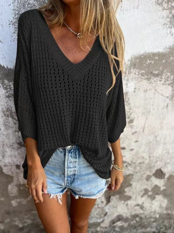 Damen nan luftig gestrickter V-Ausschnitt Pullover im Oversize-Schnitt EB