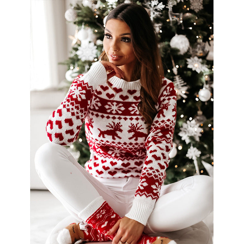 Damen Strickpullover mit weihnachtlichem Muster und Rundhalsausschnitt EB