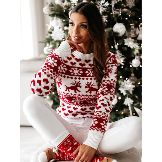 Damen Strickpullover mit weihnachtlichem Muster und Rundhalsausschnitt EB